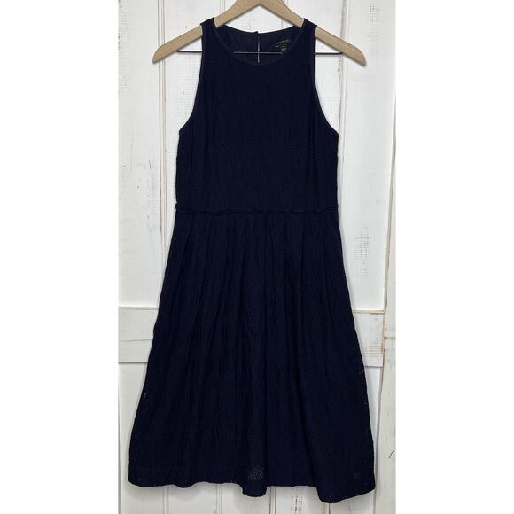 NWOT Ann Taylor Petite Eyelet Midi Dress Fit & Flare Size 4P Navy Blue Pleated - Picture 1 of 9